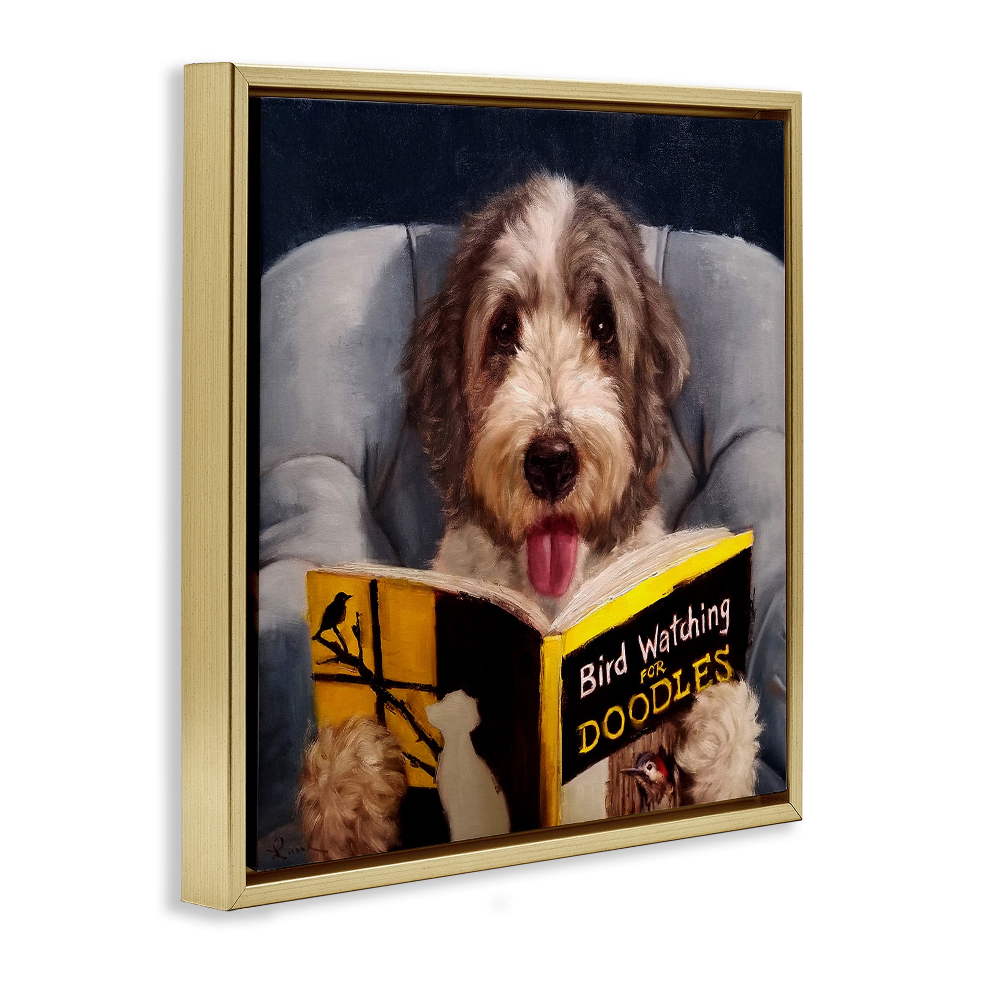 Stupell Industries Dog with Bird Watching Book Animals & Insects Painting Gold Floater Framed Canvas Art Print Wall Art, 18 x 18