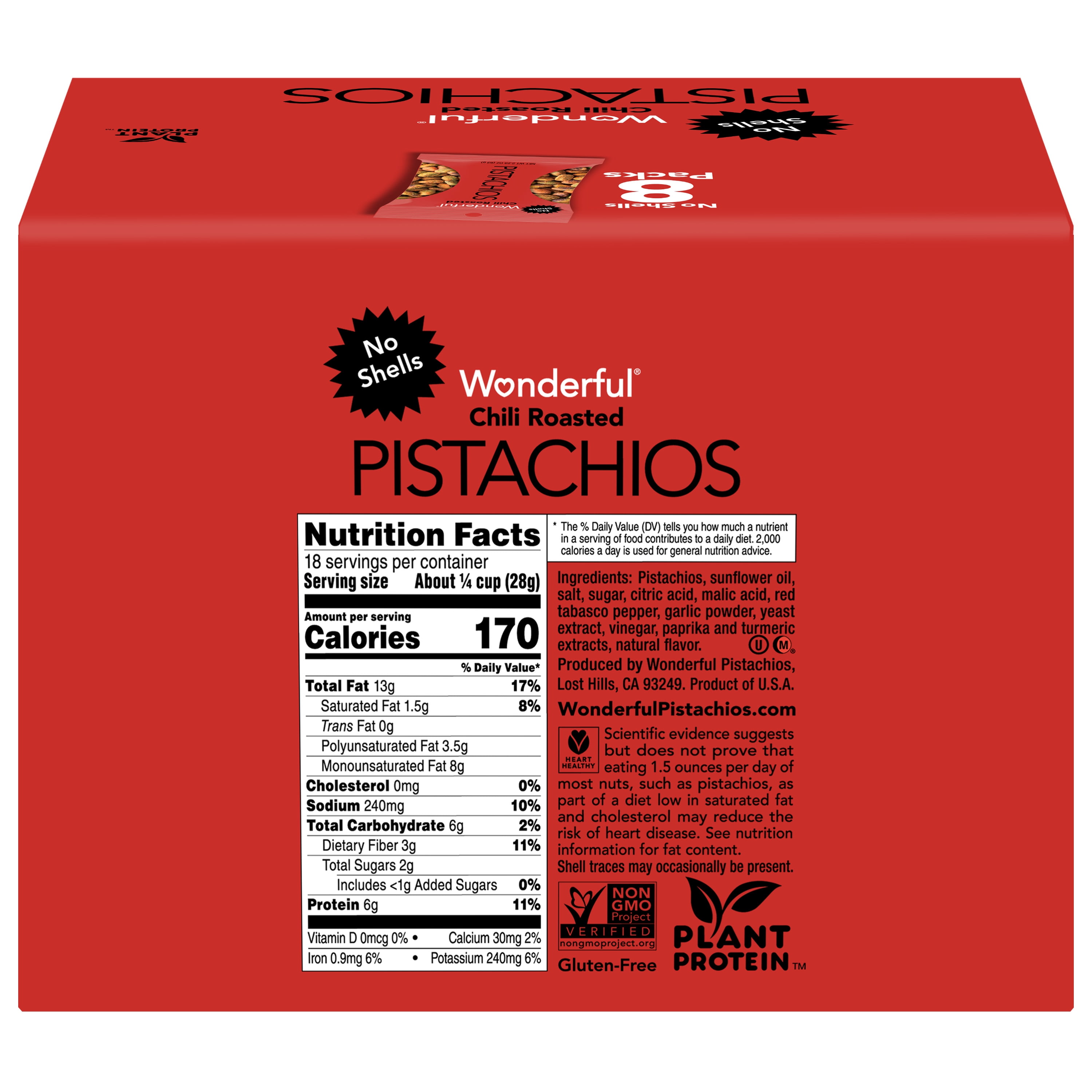 Wonderful Pistachios No Shells Chili Roasted, 2.25 oz Bags (Pack of 8)