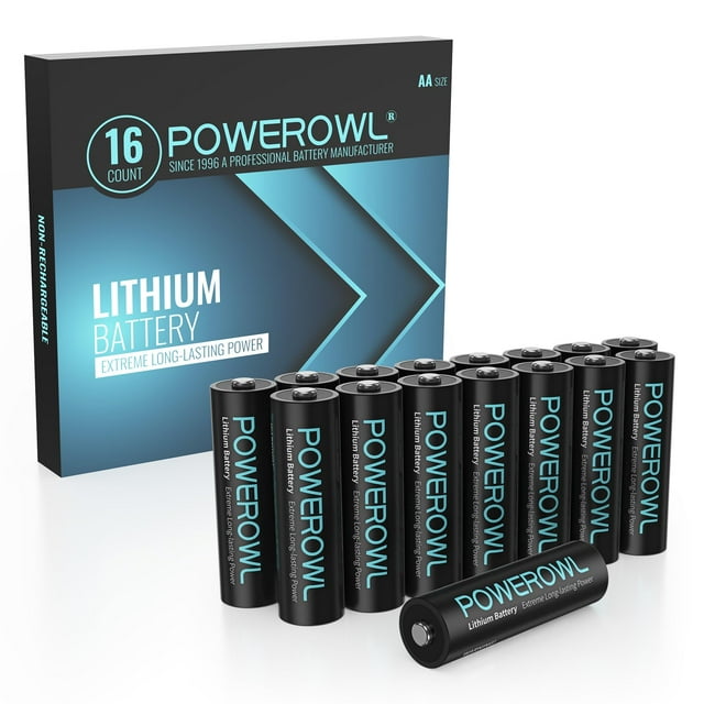POWEROWL Piles au Lithium AA, Lot de 16, Grande Capacité 1,5 V Double A, Autonomie Longue Durée pour Appareils de Haute Technologie