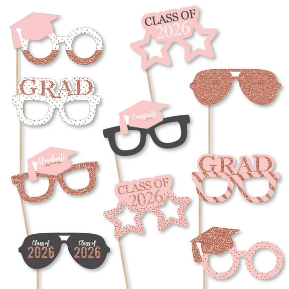 Big Dot of Happiness Rose Gold Grad Glasses - 2026 Paper Card Stock Graduation Party Photo Booth Props Kit - 10 Count