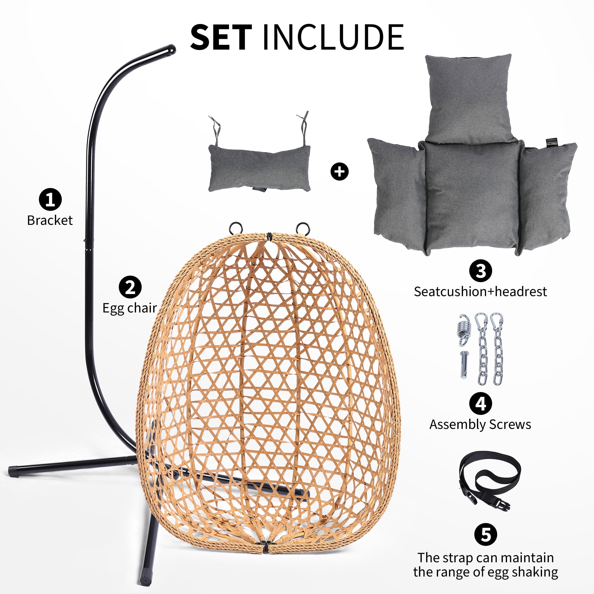 Egg Chair with Stand, Patio Wicker LHBcraft Hanging Chair, Hammock Swing Chair, 350LBS Capacity for Bedroom, Balcony, Garden