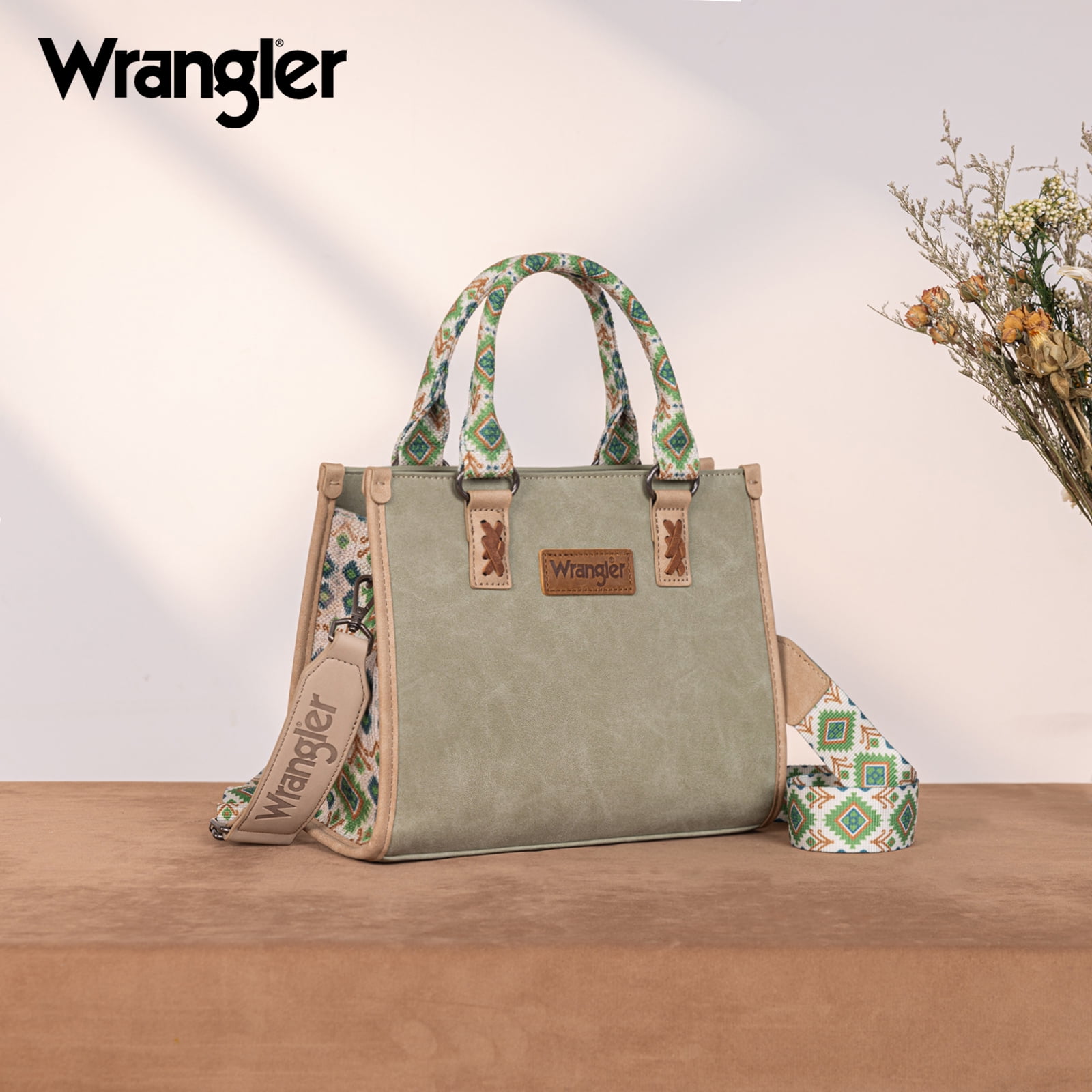 Wrangler Tote Bag for Women Western Retro Purse Top Handle Handbags with Aztec Strap, Green
