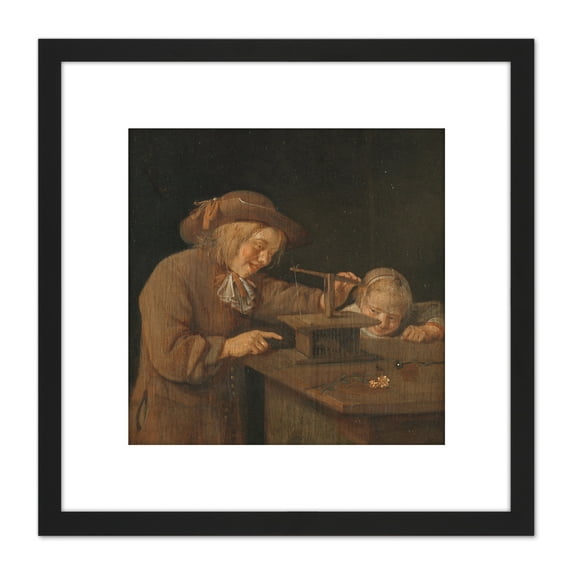 Van Brekelenkam The Mousetrap 8X8 Inch Square Wooden Framed Wall Art Print Picture with Mount