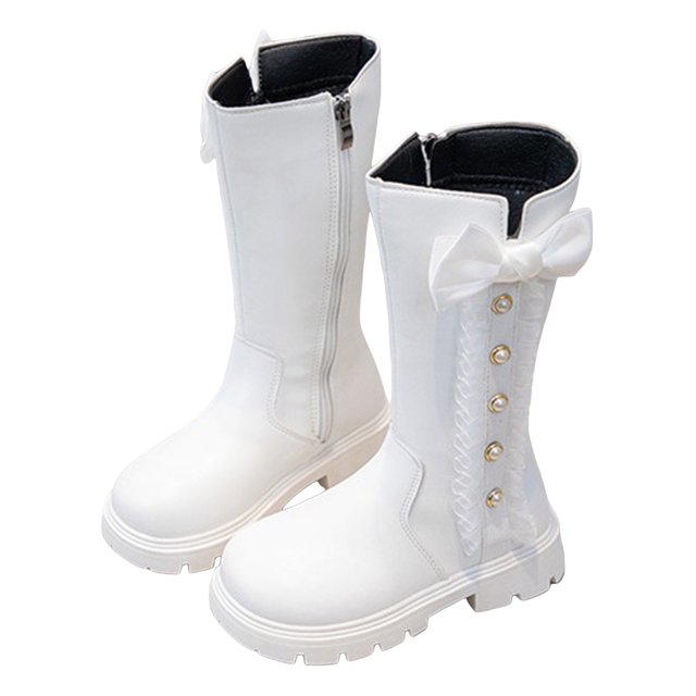 Dakaela Girls Knee High Boots Side Zipper Bow Winter Tall Riding Boot Chunky Low Heel Round Toe Kids Dress Booties White Size 13