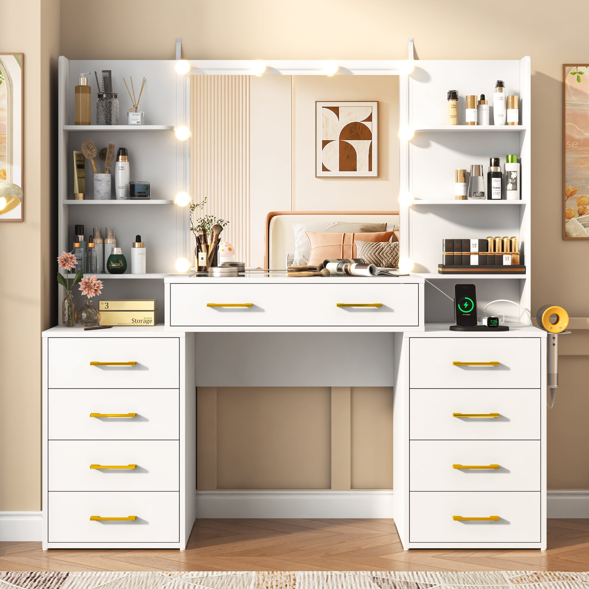 White Vanity Desk with Mirror & LED Lights, Glass Top Vanity Desk with Charging Station & Compartment Storage Drawers, 55" Large Makeup Vanity Table with 9 Drawers & 6 Shelves