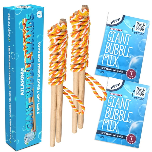 Varita de burbujas Atlasonix Giant de madera, paquete de 2 con recarga de 7,6 L