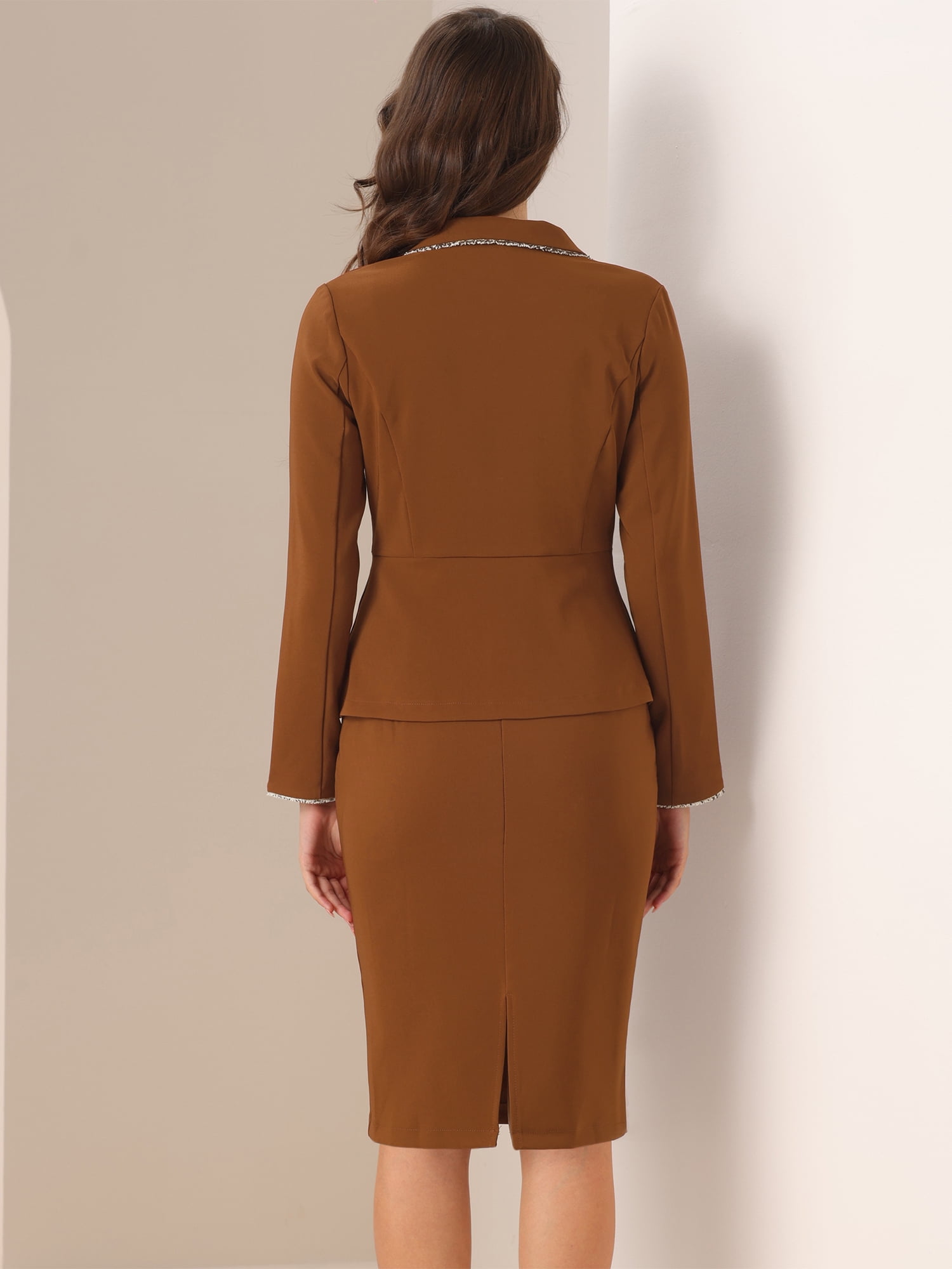 DARING DIVA Women's 2 Pcs Business Tweed Trim Blazer Skirt Outfit Sets L Dark Brown
