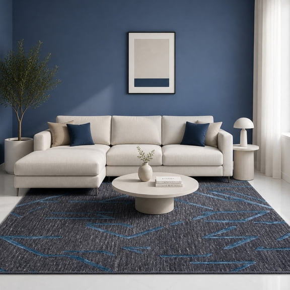 Neu Looms Hand Tufted Wool Silk Area Rug, Geometric Design, Charcoal Blue, 3x5 Ft