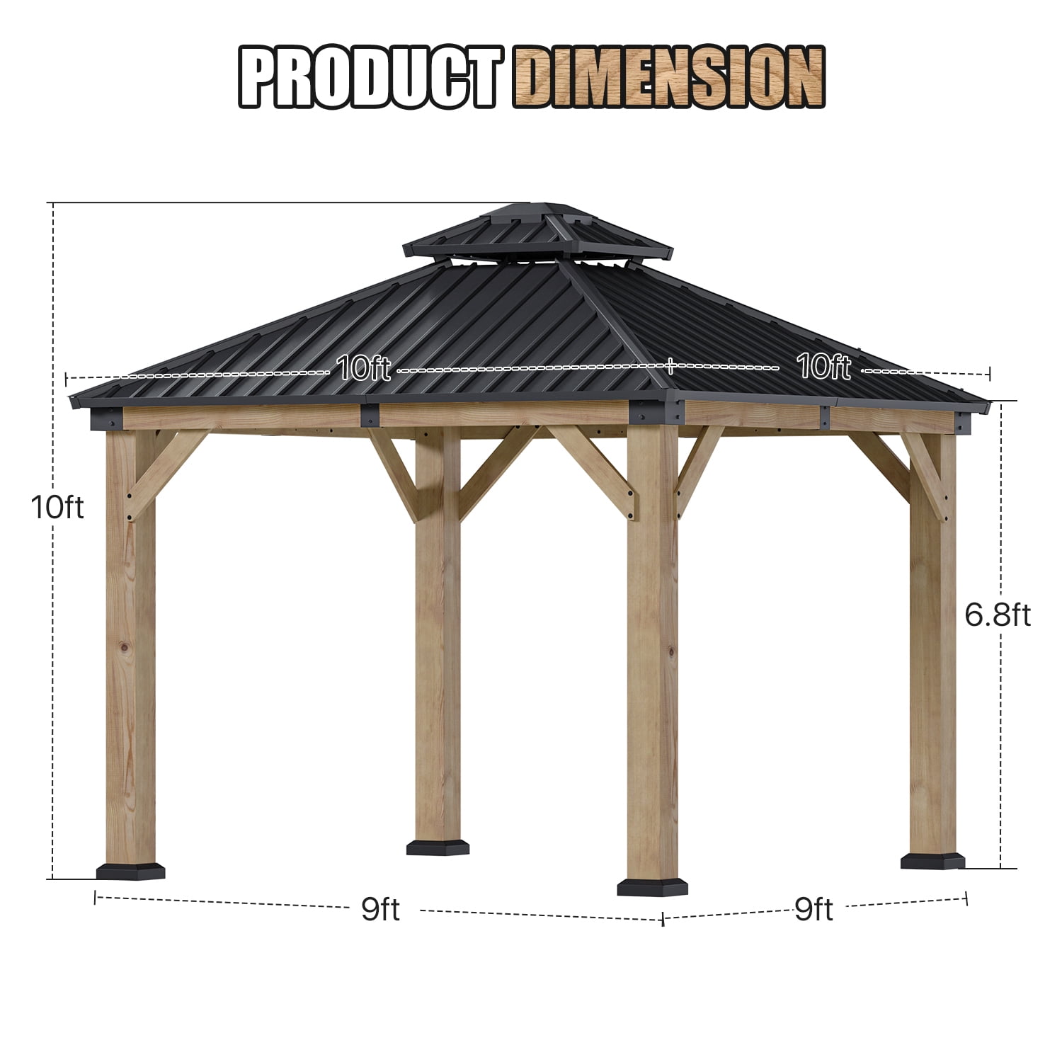 BaPiPro 10x10FT Double Roof Hardtop Wooden Gazebo Quick-Assembly Canopy for Patio Garden, Light Gray