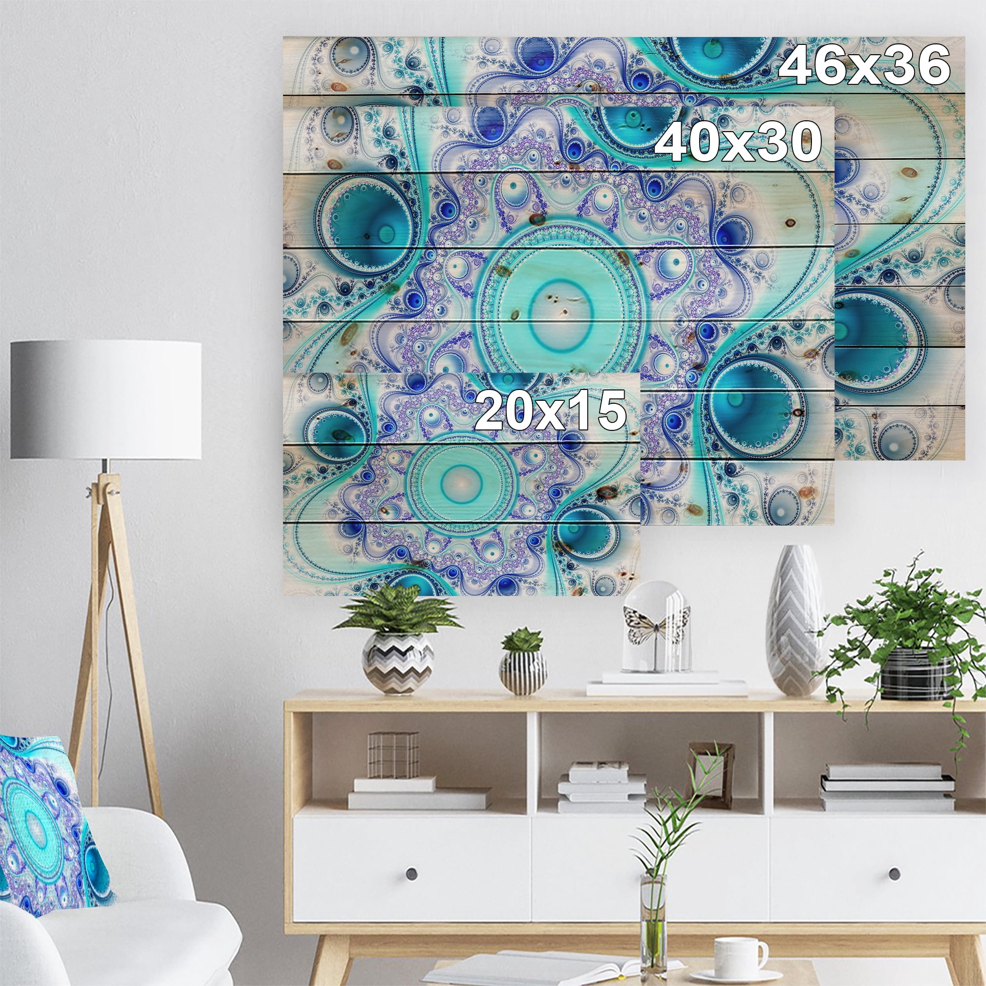 Designart 'Turquoise Wavy Circles and Curves' Abstract Print on Natural Pine Wood