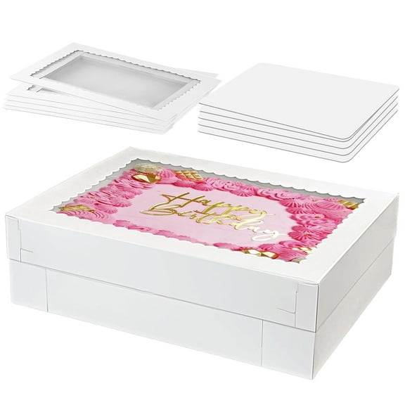 Livease 5pc 19x14x4 White Large Cake Boxes & Boards, White Sheet Rectangle Bakery Boxes with Window