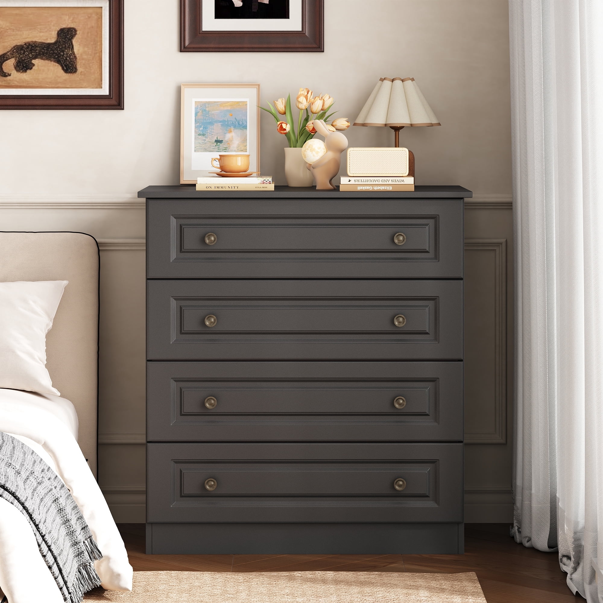 IDEALSOUL 4 Drawer Dresser, Retro Storage Cabinet with Large Space, Chest of Drawers for Bedroom, Hallway, Entryway, Black