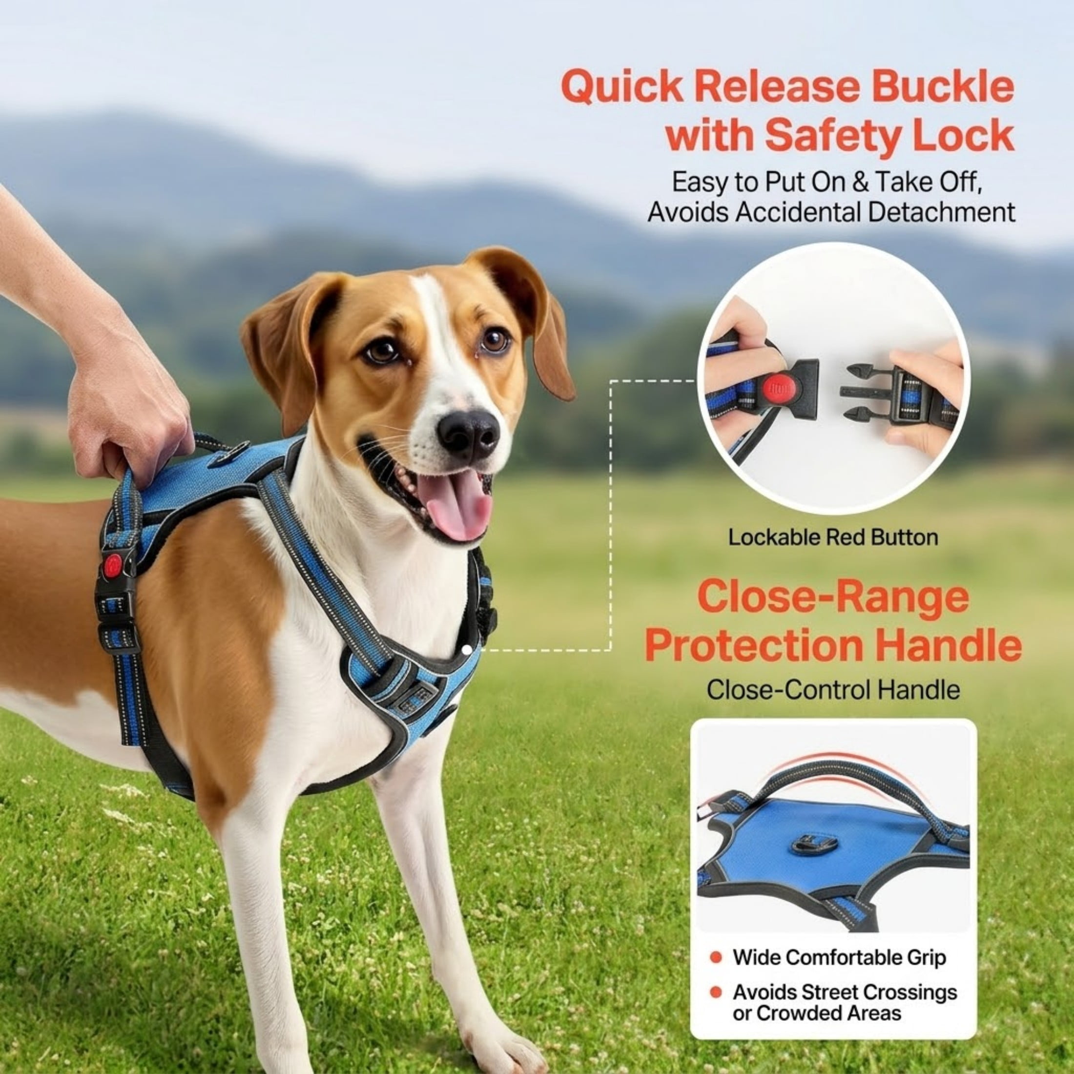 Dog Harness for Large Dogs, No Pull Adjustable Dog Vest Pet Harness, with 5ft Leash, Handle, Metal Rings, Buckles, Reflective Stitching 600D Oxford Fabric, for Training, Walking, and Hiking