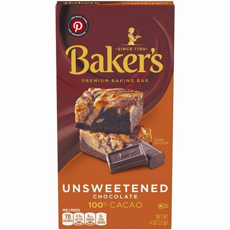 Pack of 2 Baker's Unsweetened Chocolate Premium Baking Bar with 100 % Cacao, 4 oz Box