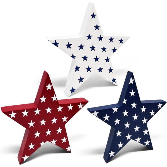 Gift Boutique Patriotic Wooden Star Table Decor Set, Red White Blue 3-Piece Tiered Tray Centerpiece for 4th of July, Memorial Day Home Decoration