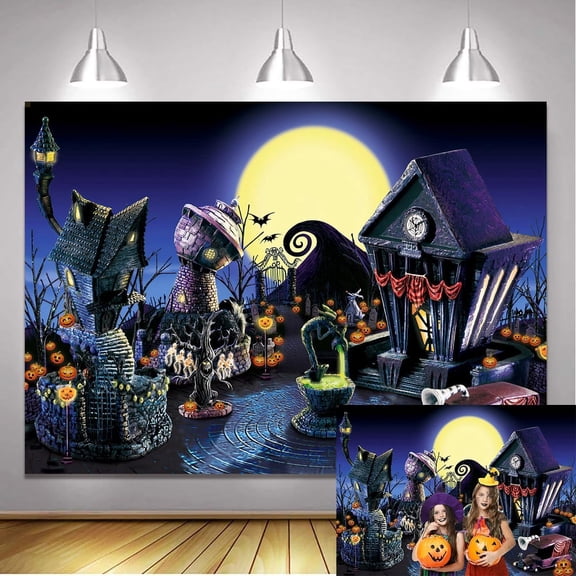 Halloween Nightmare Themed Backdrop 7x5FT Full Moon Night Bat Pumpkin Scary Graveyard Photography Family Halloween Party Decorations Banner Photo Supplies