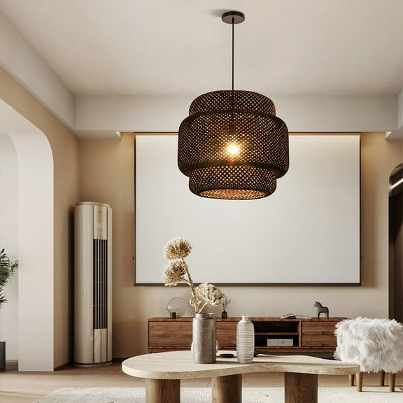 Arturesthome Vintage Chandelie Bamboo Woven Pendant Light Hanging Ceiling Lamp Decor Black