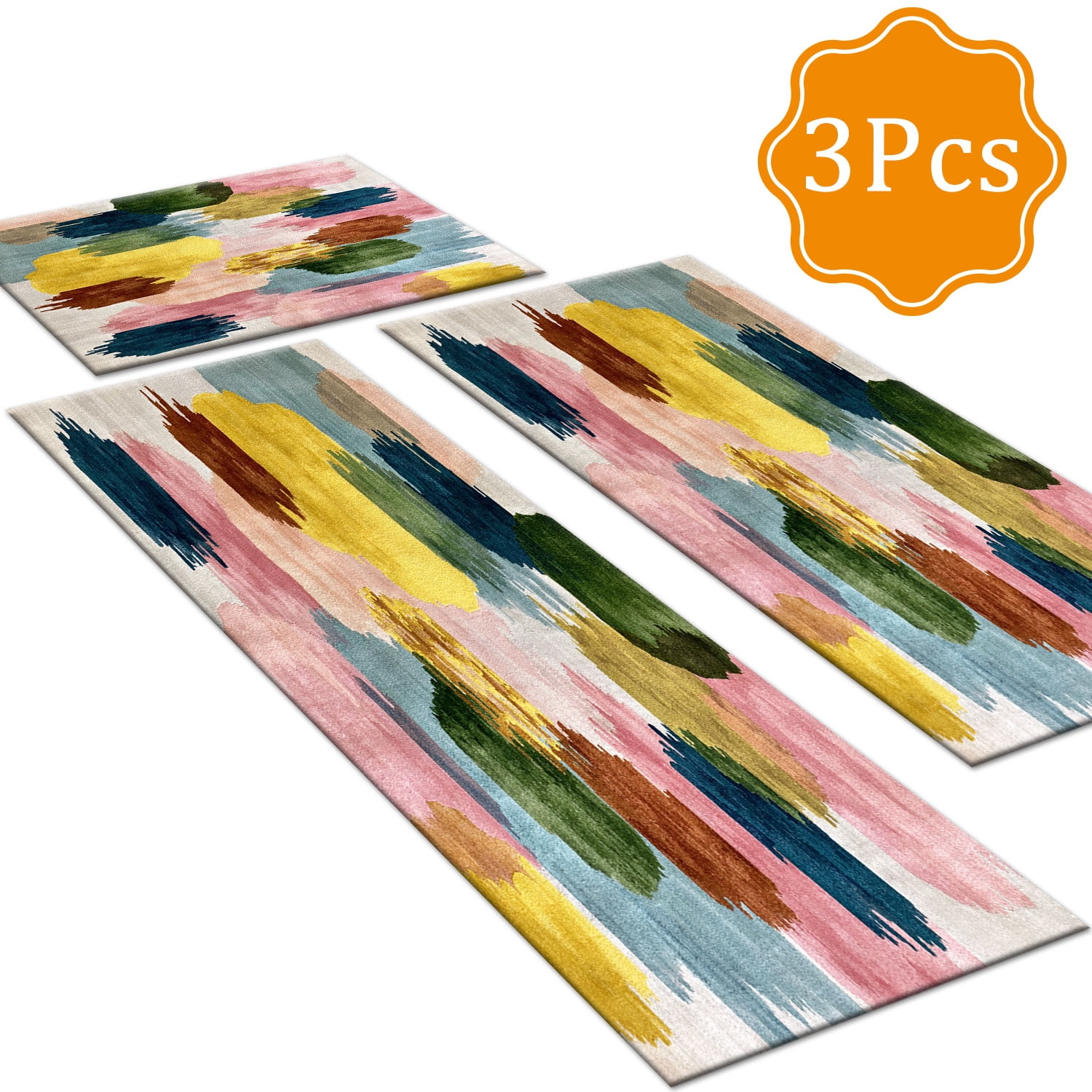 3 Piece Kitchen Rug Set, Non-Slip And Washable, Abstract Pattern Kitchen Hallway Rug, Soft And Comfortable, Suitable For Sinks, Floors, Entrances, Hallways and Bathrooms