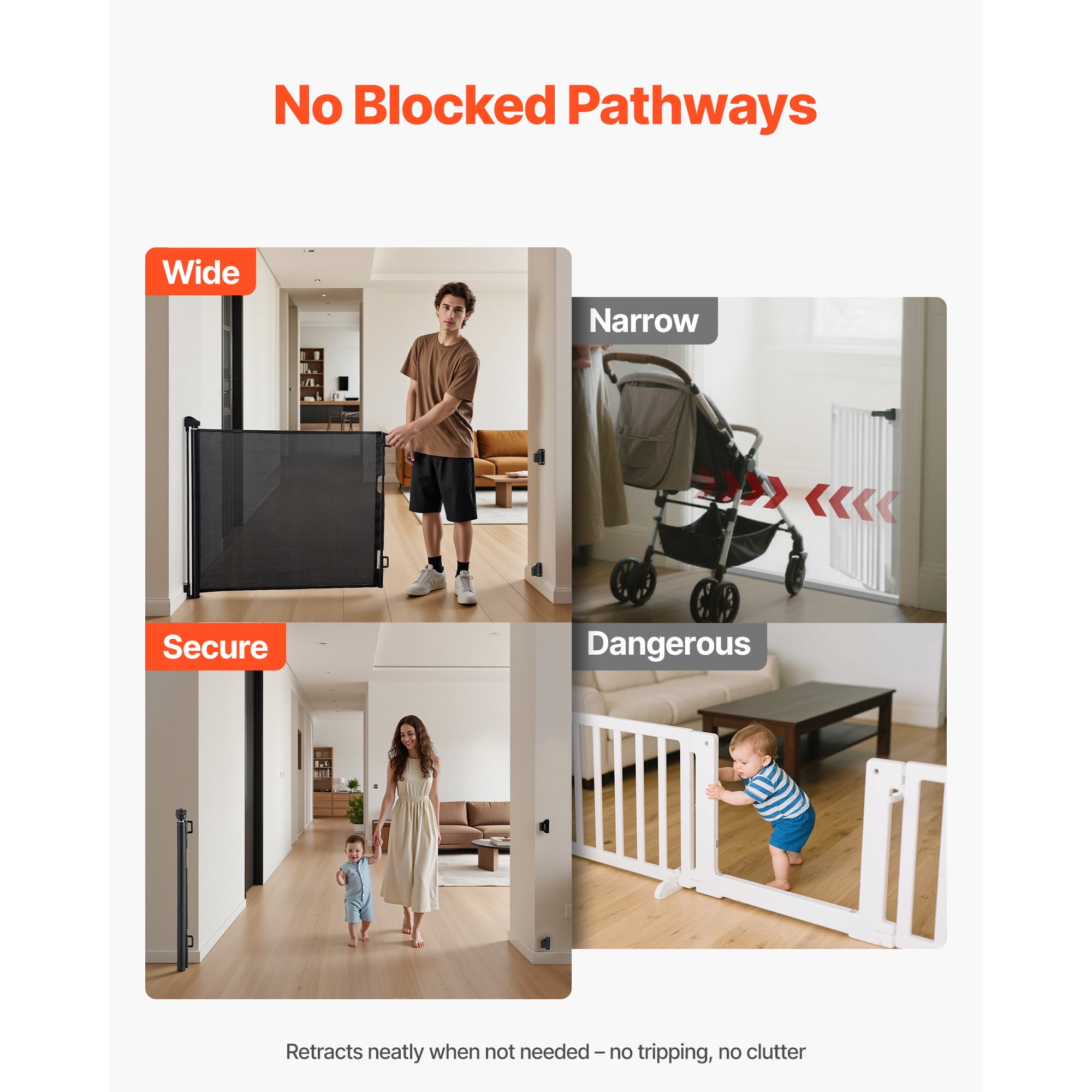 KFFKFF Retractable Baby Gate, Expands Up to 72.8 Inches Wide and 38.5 Inches Tall, Features Safety Lock, Convenient Walk-Through Design, Mesh Barrier for Pets and Kids, Suitable for Stairs, Hallways
