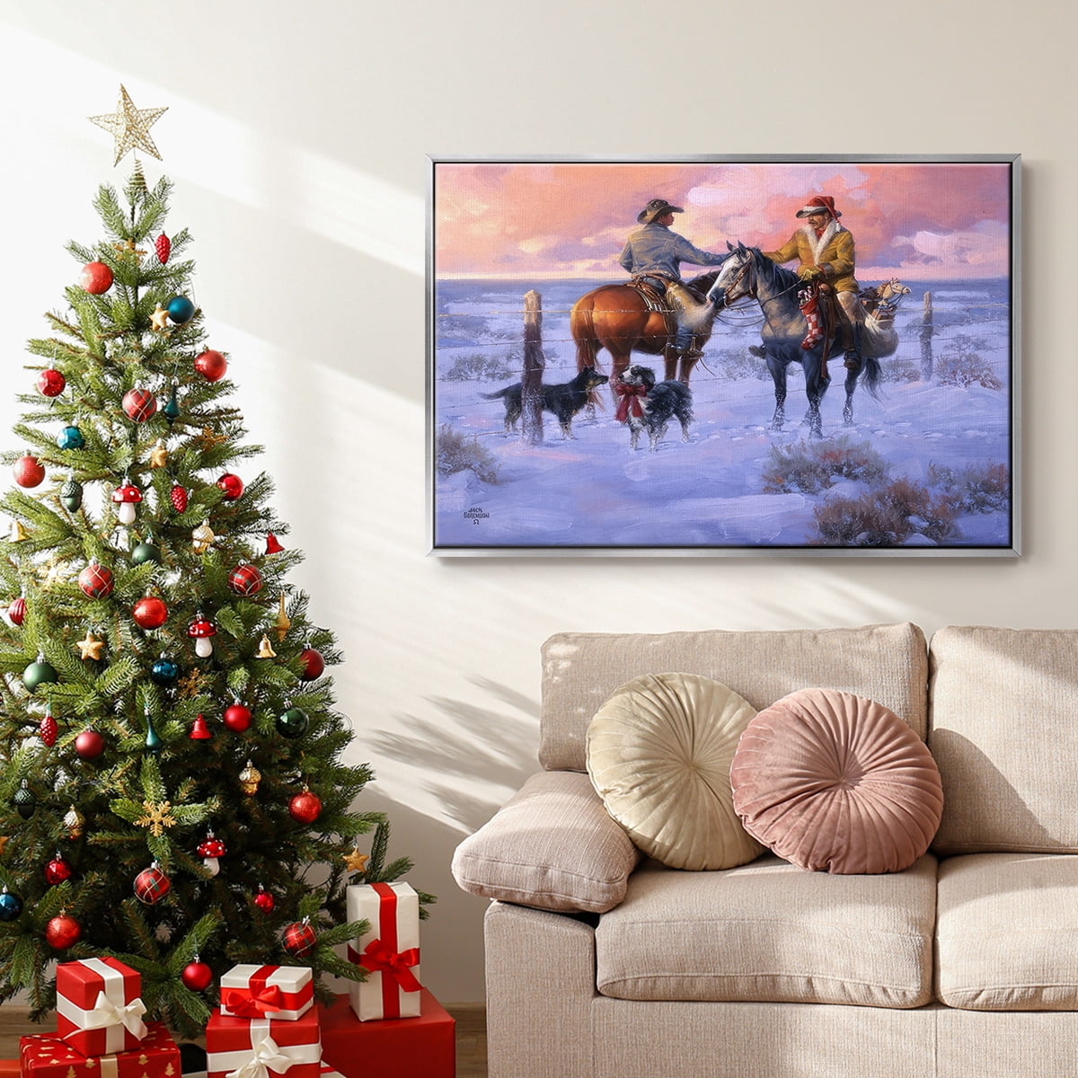 Sharin' Christmas with the Neighbors - Framed Gallery Wrapped Holiday Canvas - 27 x 41 - Silver Frame