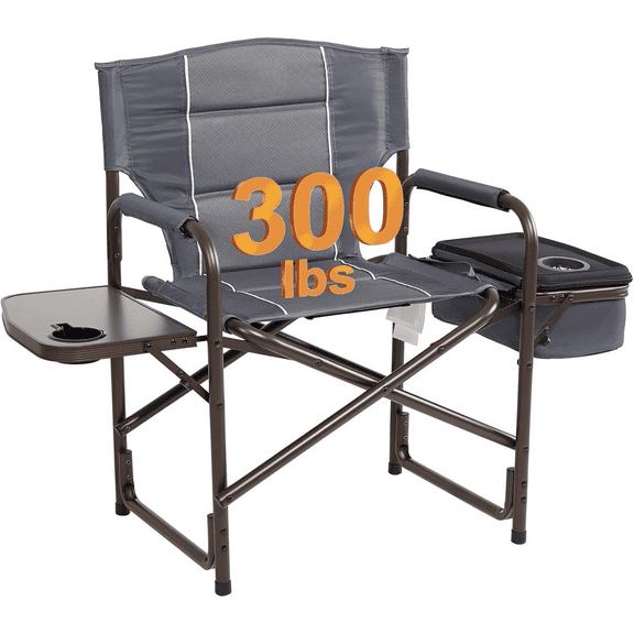 Lightweight Camping Chair, Portable Laurel Director's Chair with Foldable Side Table, Cooler Bag & Mesh Pocket, Compact Outdoor Folding Lawn Chair, Supports 300lbs, Grey