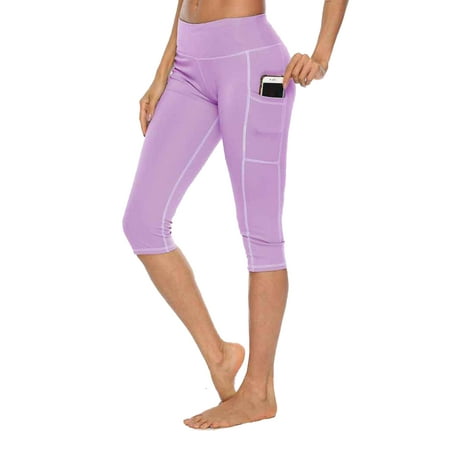 Capri Legging with Side Pocket for Women Lady Tummy Control Hip High Waist Solid Color Yoga Pants for Sport Athletic Running