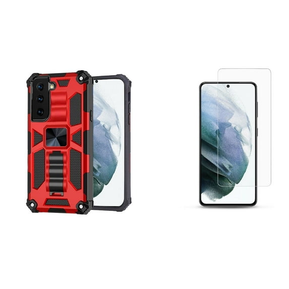 Machine Shield Case for Samsung Galaxy S21 FE (Heavy Duty Rugged Protection Kickstand Cover) with Belt Clip Holster, (2-Pack) Tempered Glass Screen Protectors and Keychain Touch Tool - Red