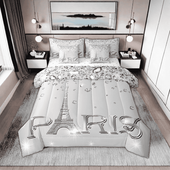 Romantic Comforter Set Queen for Women,Girly Paris Eiffel Tower Bed in A Bag for Valentine's Day Gift,(Not Real)Diamond Bedding Sets,Sparkles Sequins Reversible Bed Sets with Sheet Set