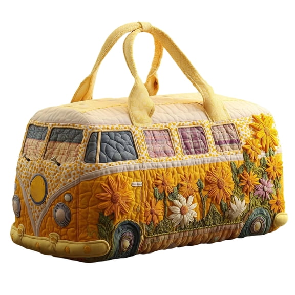 Hippie Van Quilted Duffle Bag, Boho Travel Weekender Bag with Adjustable Strap, Retro Bus Style for Everyday Travel (18*9*9inch)