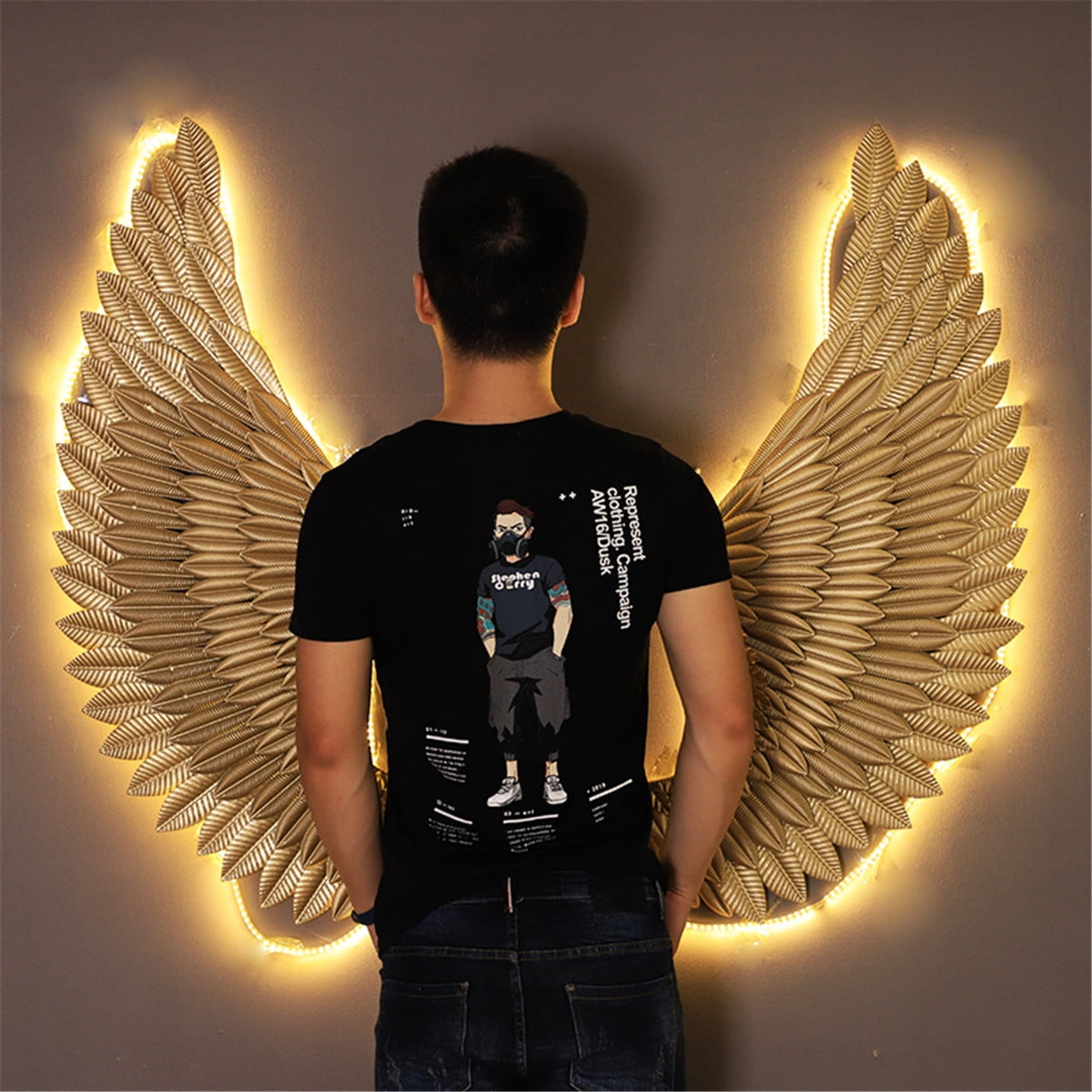 1 Pairs Iron Angel Wings Wall Hanging Art Bar Home Decor With 6M Light