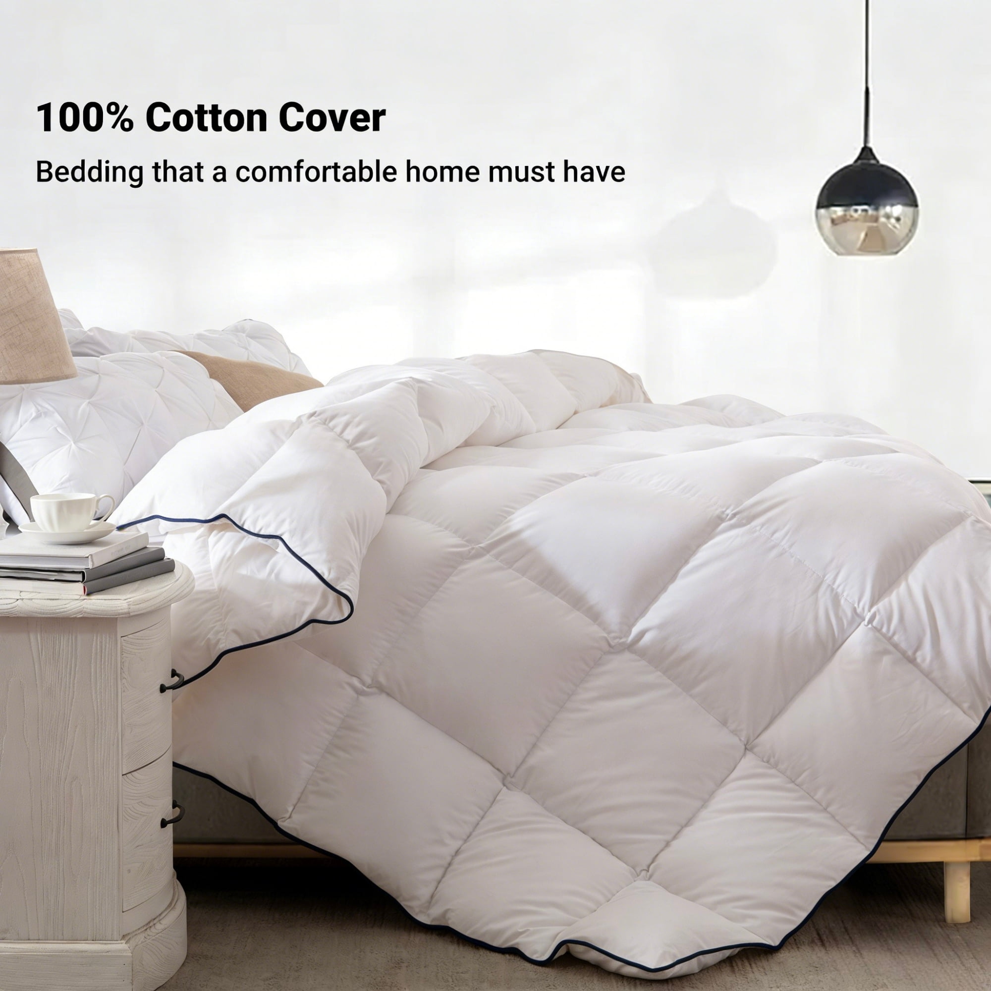 Yalamila Down Comforter Twin Size, 100% Cotton Ultra Soft Duvet Insert for All Season, Hotel Luxury Breathable Goose Feather Down Fiber Bedding Comforter with Corner Tabs (White, 68x90 inches)