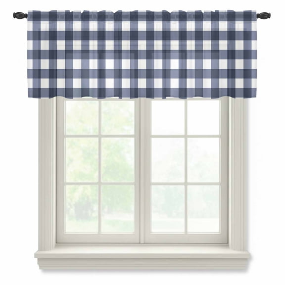 Navy Blue Check Valance Curtains for Kitchen/Living Room/Bathroom/Bedroom Window, Rod Pocket Small Topper Half Short Window Curtains Voile Sheer Scarf, Farmhouse Buffalo Plaid Blue 42"x12"