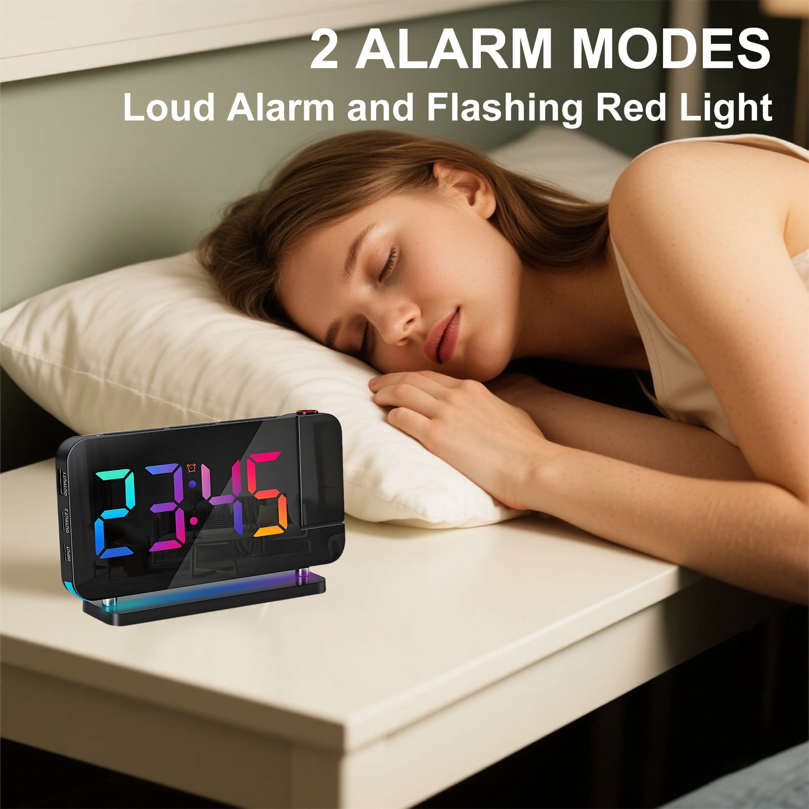 Syenll Projection Alarm Clock, 7.4 inch Large Digital Mirror Clock with Dual USB Charger Ports, 180° Rotatable Projector for Kids Bedroom Ceiling, Black