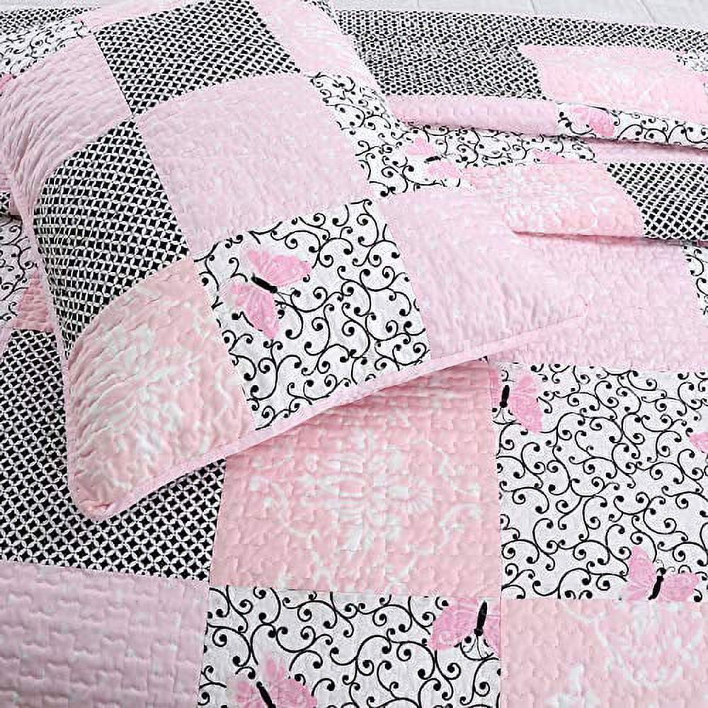Cozy Line Home Fashions Emerson Pink Butterfly Patchwork Reversible Cotton Quilt Bedding Set, Queen 3-Piece