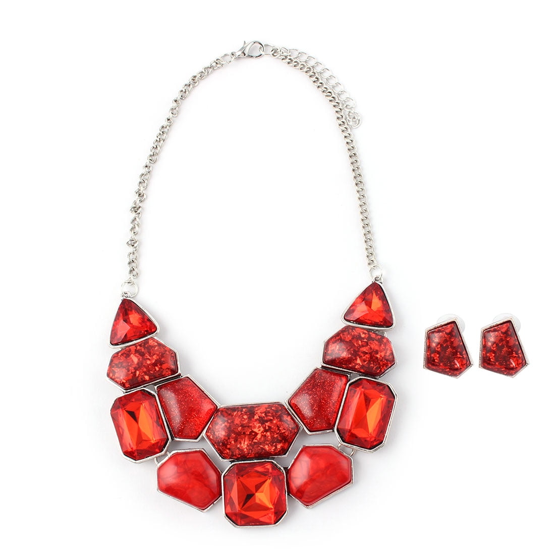 Women Metal Geometric Pattern Bib Collar Charming Necklace Earrings Red Set by Unique-Bargains