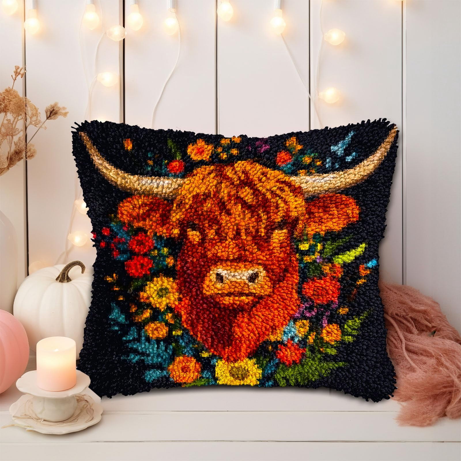 Cartoon Highland Cow in Daisy DIY Latch Hook Pillow Kits for Adults Printed Pillowcase Crochet Yarns Hooking Handmade Pillow Cover Cushion for Home Sofa Decoration 17x17inch