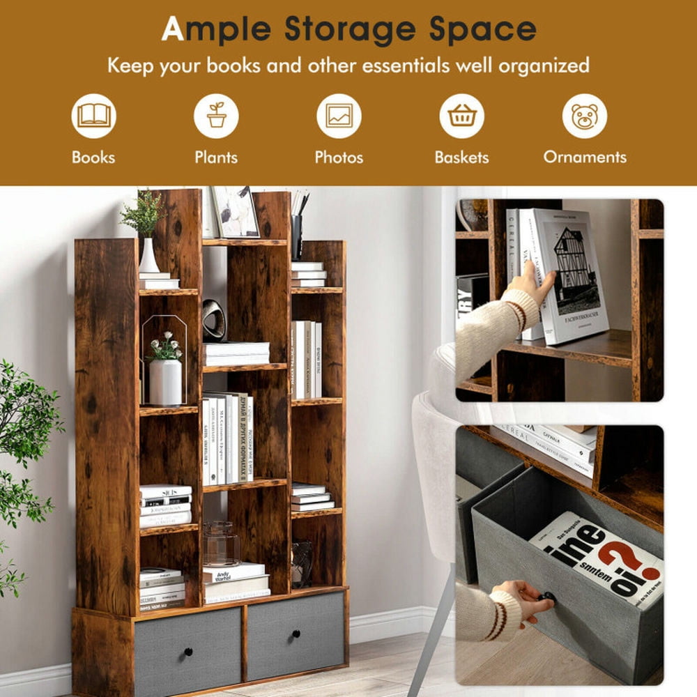 Demi Bonn 12-Tier Open-Back Bookshelf with Drawer, Space-Saving Storage Rack Bookcase, Brown