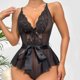 thumbnail image 2 of Gibobby Lencería sexy Body de peluche de retazos de malla de encaje sexy para mujer con cinturón y pajarita Lencería con escote en V profundo(Negro, XL), 2 of 5
