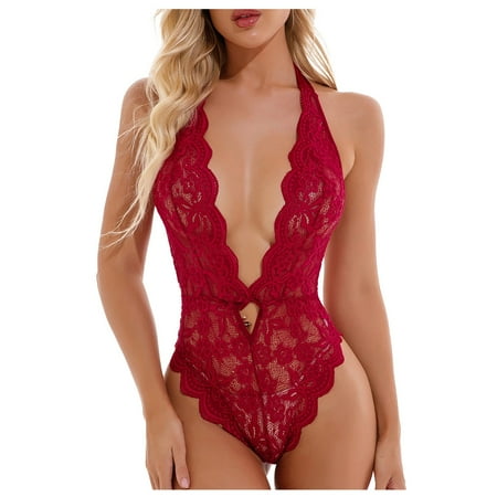 

BIZIZA Women Babydoll Halter One Piece Sexy Lingerie Bodysuit V Neck Womens Teddy Red XL