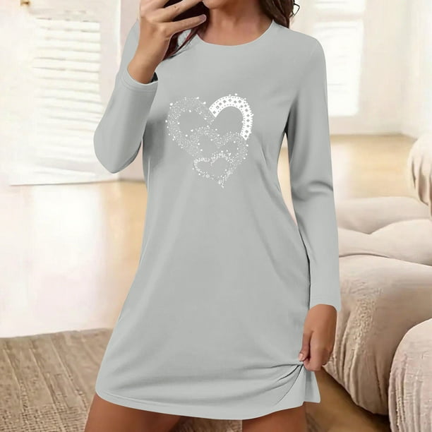 Camisón corto holgado y cómodo con cuello redondo y manga larga estampado para mujer