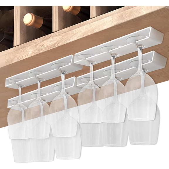 Wine Glass Holder, 4 Pack, Hanging Stemware Rack Organizer, Under Cabinet Storage, White