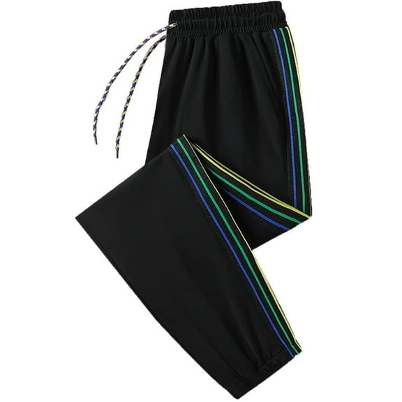 Lodgix Cropped Pants for Women Drawstring Waist Striped Side Jogger Sweatpants with Pocket Black XL