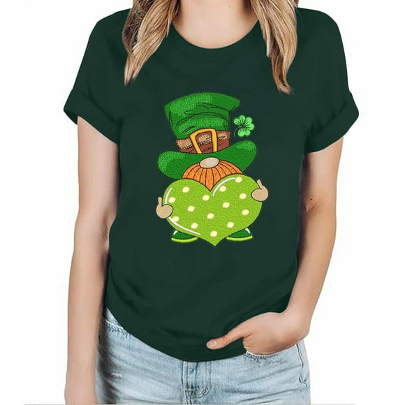 QIPOPIQ Women's Short Sleeve Crew Neck Shirts St. Patrick's Day T Shirts Round-Neck Tunic Shamrock T Shirt Green Shirt St Patricks Day Shirts Elastic Comfy Solid Holiday Shirts Graphic Tees Deals