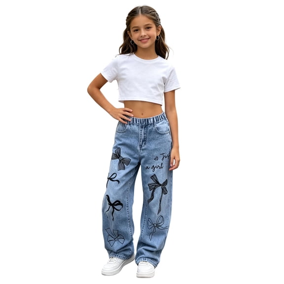 Kiijoy Wide-Leg Jeans for Girls Bow Graphic Elastic Waist Denim Pants, Blue, Sizes 5-16