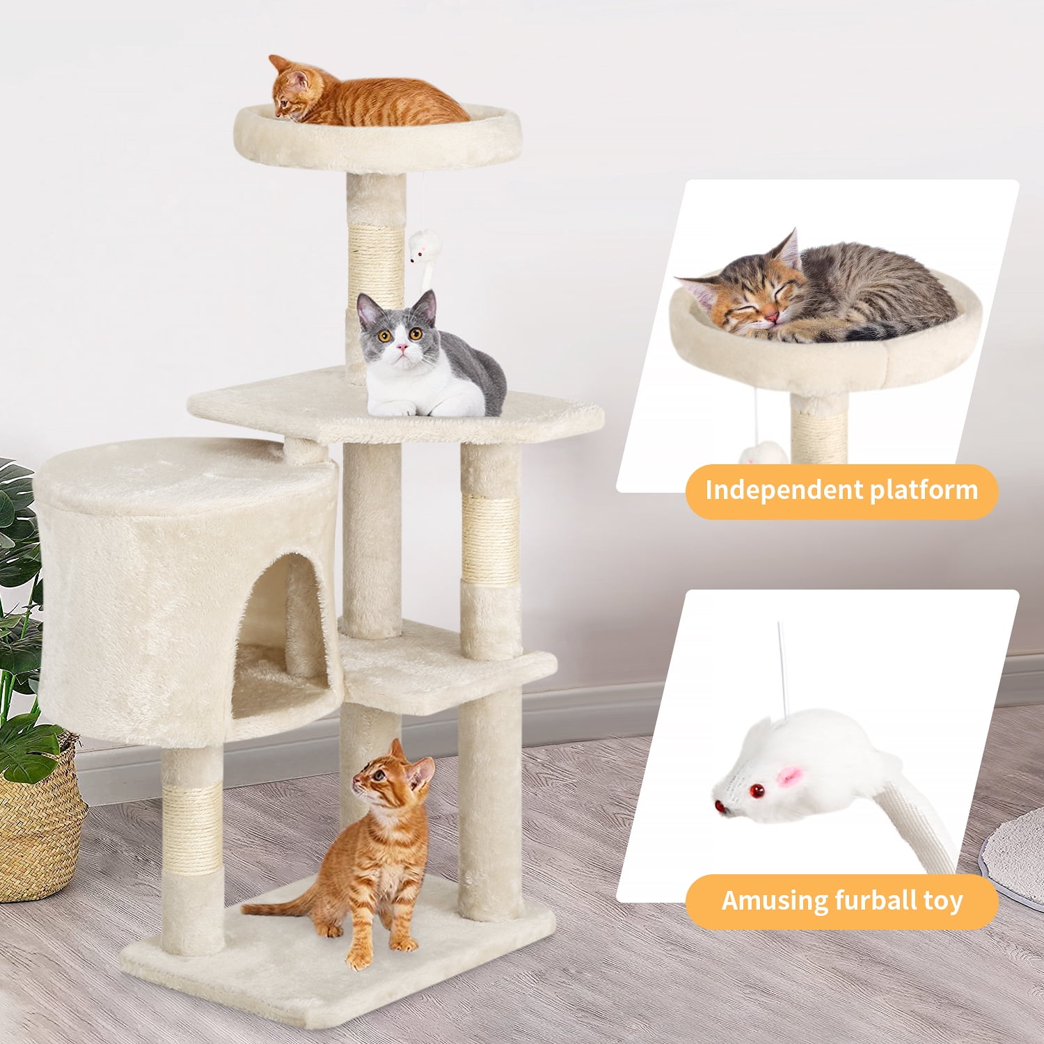 Dkelincs Cat Tree Tower 36 inch Tall Multi-Level Furniture Cat Tree Condo with Scratching Posts Perches for Indoor Play, Nap and Climbing, Beige