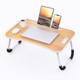 thumbnail image 3 of Foldable laptop desk, portable laptop table, bed table tray, laptop stand with cup holder and tablet slot and lifting handle for writing, painting and eating (Walnut), 3 of 12