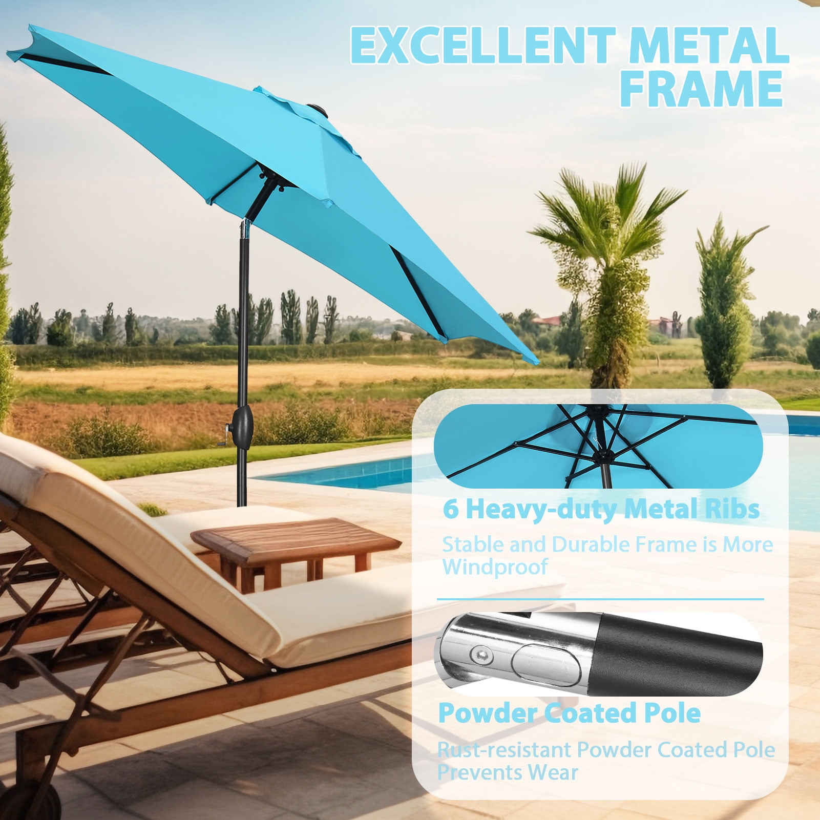Autlaycil 9ft Outdoor Patio Table Umbrellas 6 Ribs W/ Tilt Crank for Patio Garden and Poolside- Blue