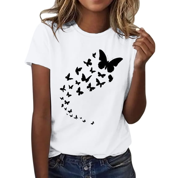 Womens Blouses Butterfly Print Round Neck Short Sleeve Top Crew Neck Casual Fashion T Shirts for Women