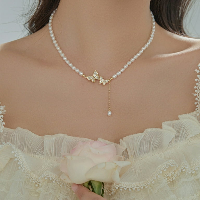 Kripyery Women Necklace Handmade Retro Butterfly Pendant Clavicle High end Decoration Unfading Fashion Imitation Pearl Butterfly Necklace Party