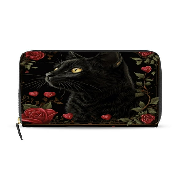 Qxltty Red Rose Black Cat Pattern Women's Leather Wallet Fashion Retro Multi Card Holder with Cell Phone Pocket Mothers Day Gifts